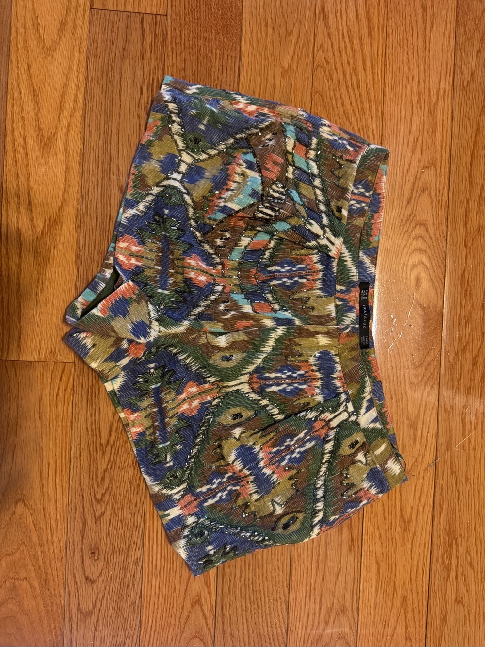 Zara Olive Green Knit Shorts with Multicolor Aztec Trim